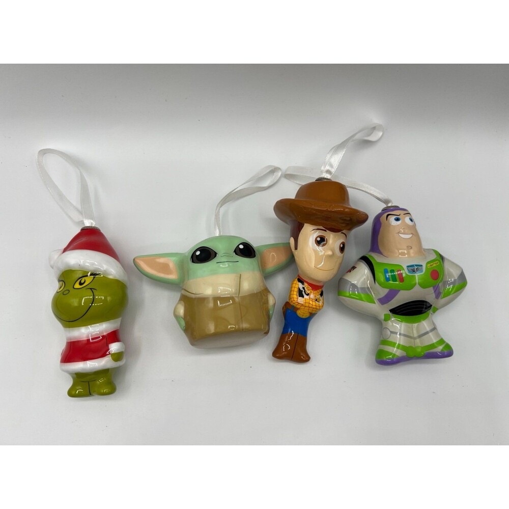 Shatterproof Hallmark Decoupage Ornaments — Grinch, Grogu, Woody, Buzz